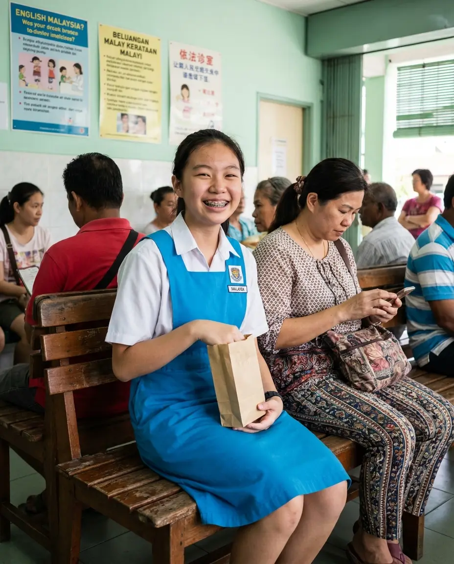 A schoolgirl smiling to show her metal braces