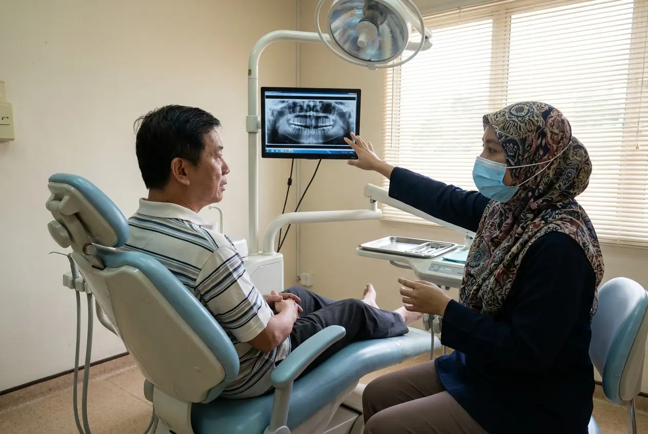 A dentist explaining the treatment plan to a patient in the chair