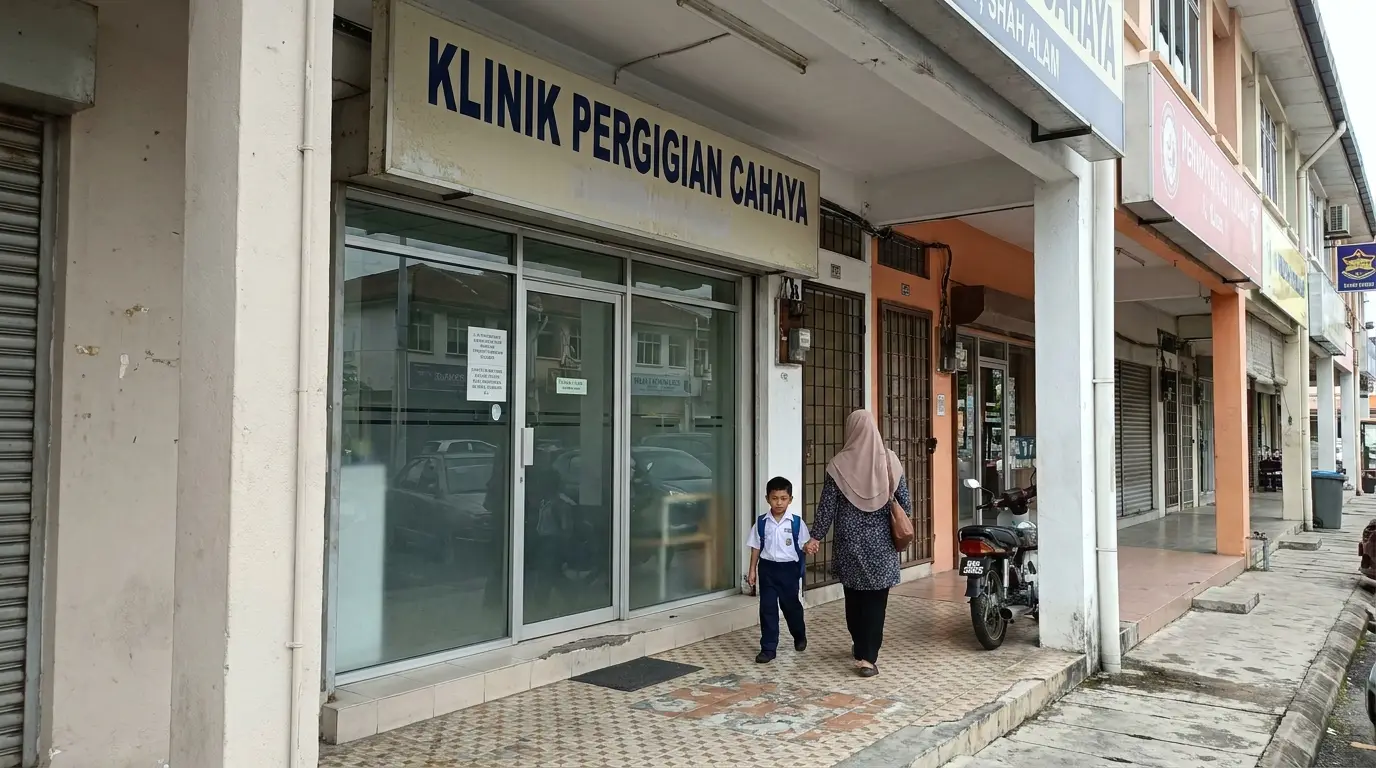 The front of Klinik Pergigian Cahaya in a Seksyen 7 shop row, a mother and son walking in