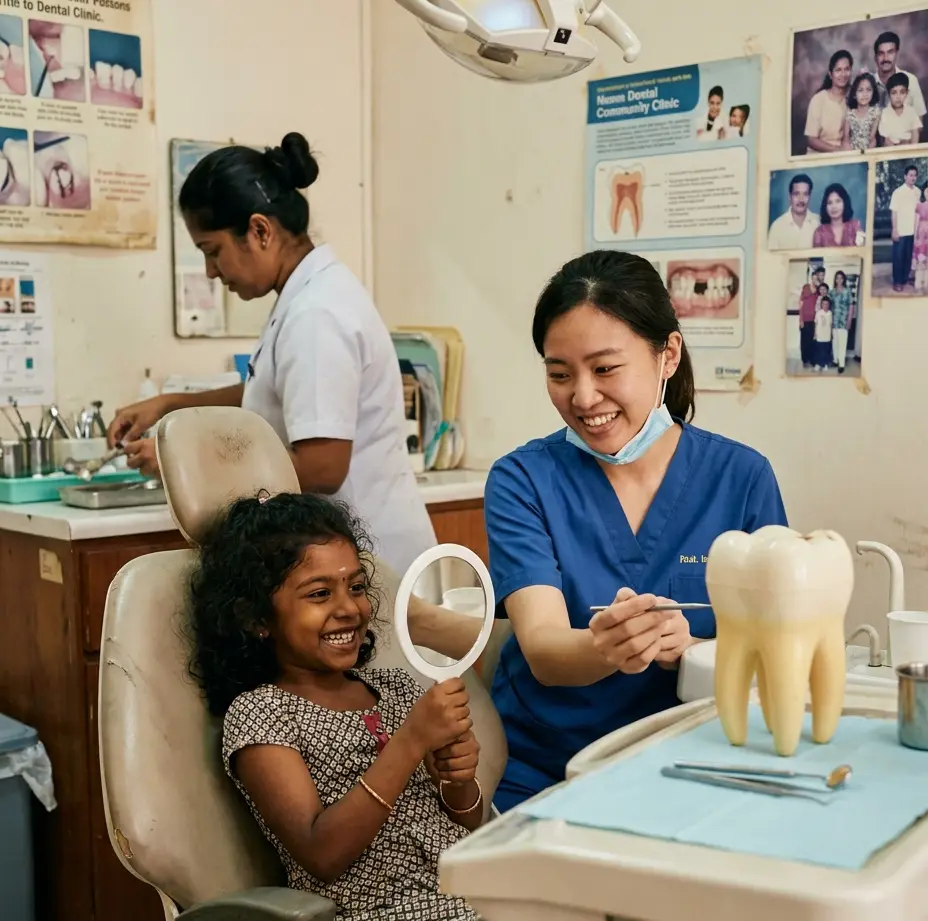 A girl smiling in the dental chair holding a mirror while the dentist shows a model tooth
