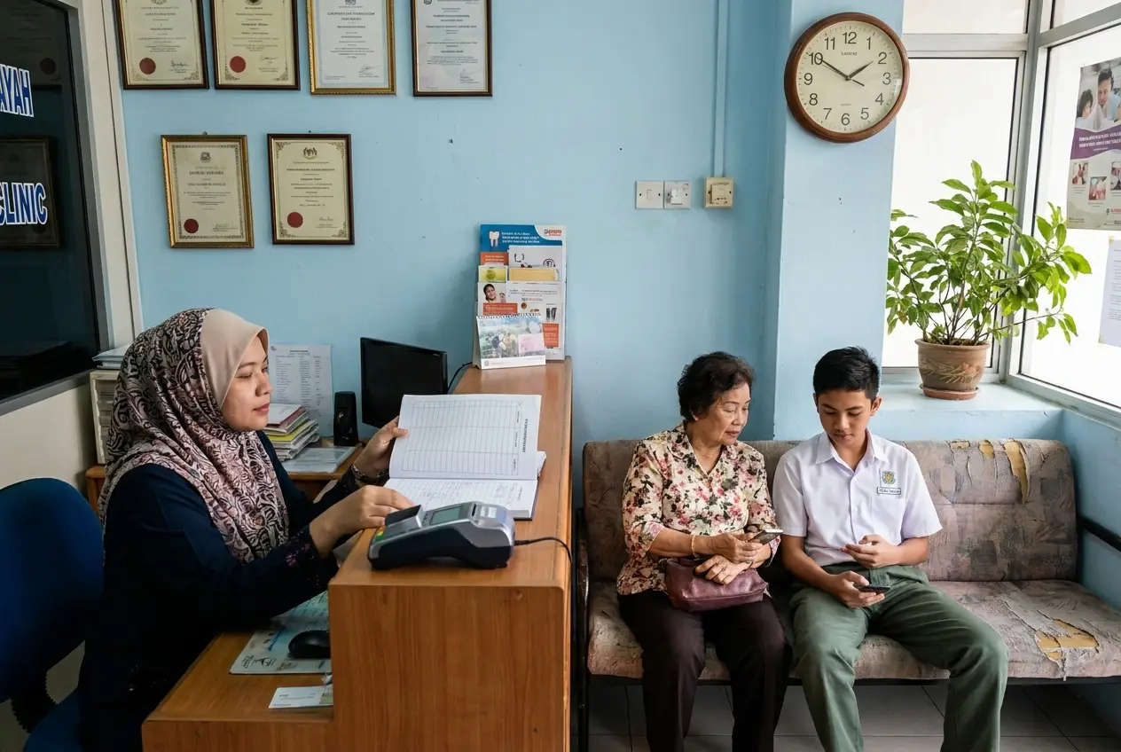The clinic's front counter with patients waiting on the bench