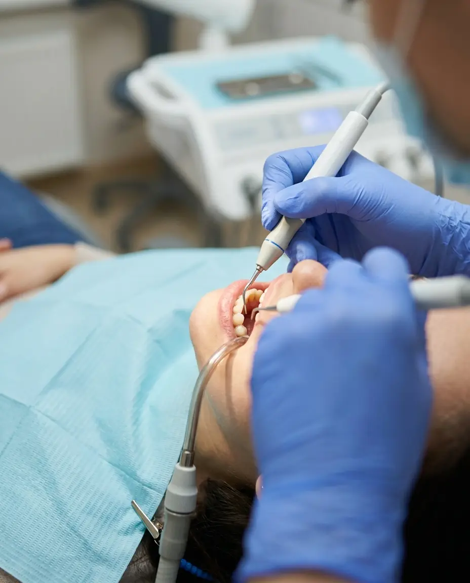 A dentist's gloved hands scaling a patient's lower teeth