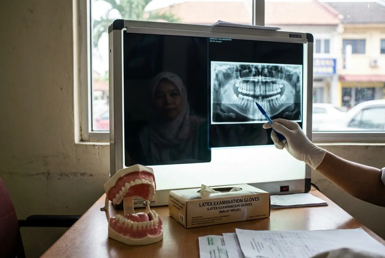 A dentist pointing at a panoramic x-ray on screen, a tooth model on the desk